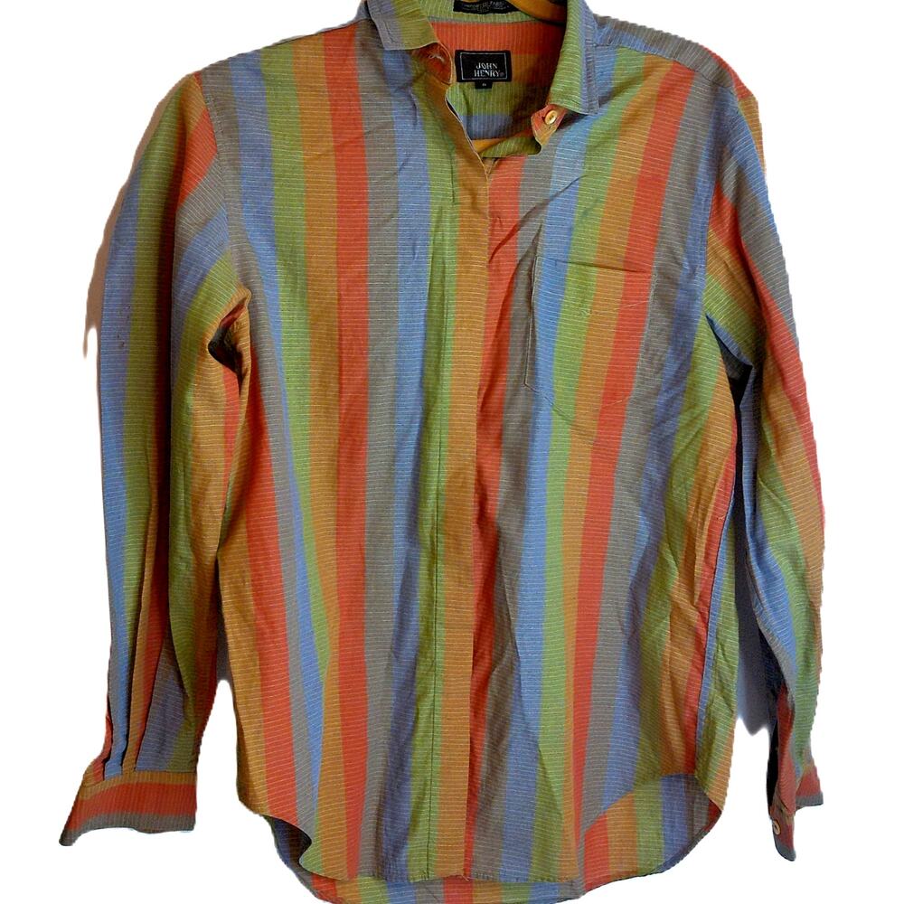 Vtg John Henry Multicolor Stripe Long Sleeve Button Down Shirt Size 8